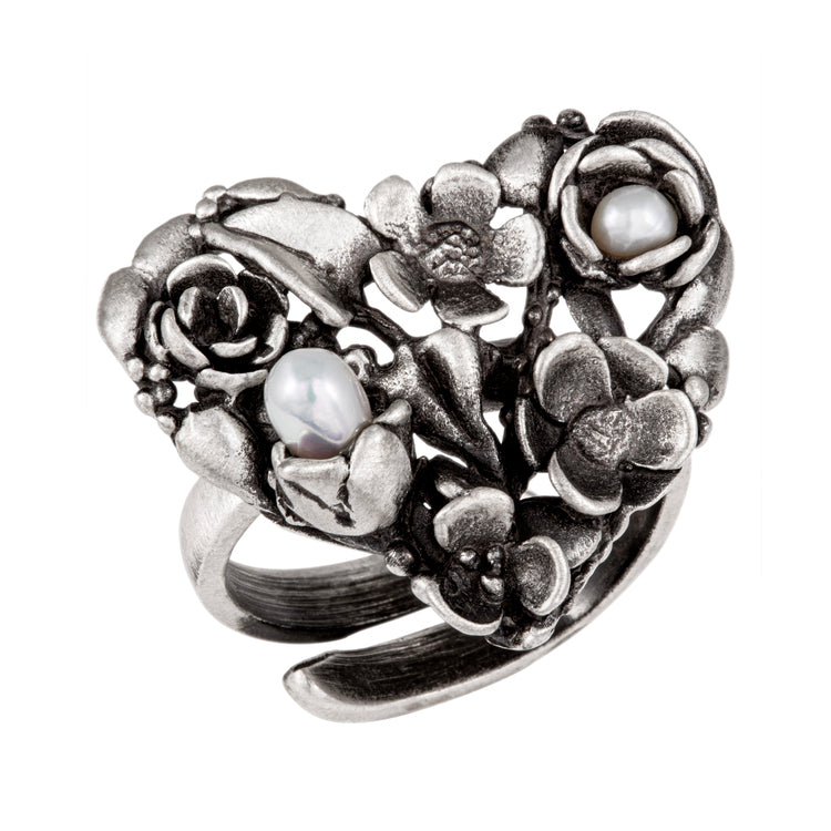 Anillo Corazón Flores - Plata 925 Anillo ajustable