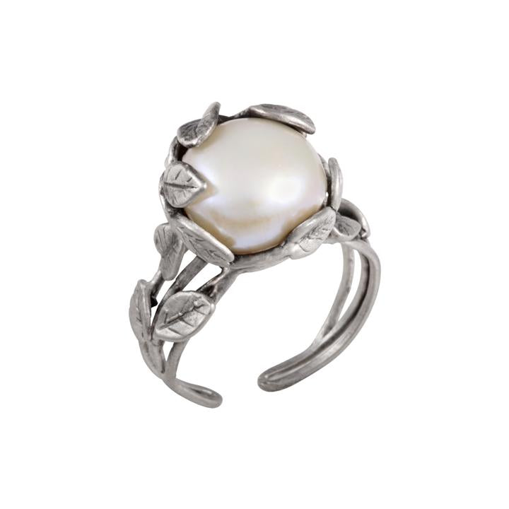 Anillo de plata 925 abierto y fino con perla cultivada rodeado de hojitas