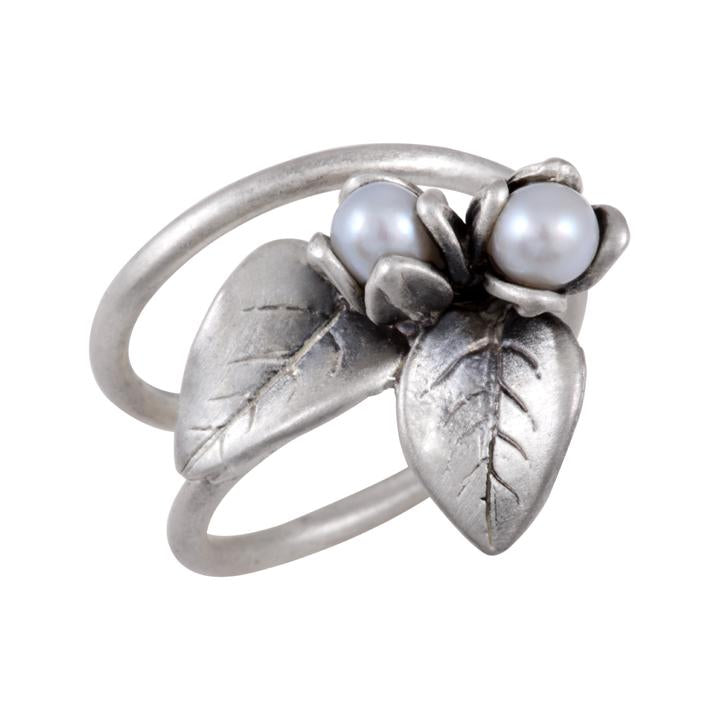 Anillo de plata 925 de flores con 2 perlas cultivadas. Anillo ajustable.