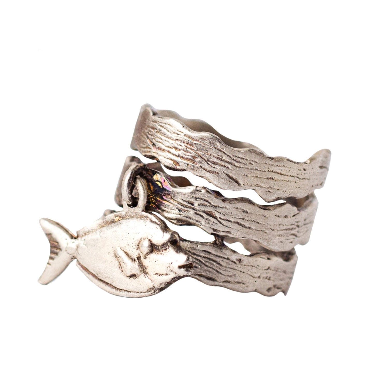 Anillo triple de plata 925 de algas con pez cirujano mostrándose de frente. Anillo de colección marina