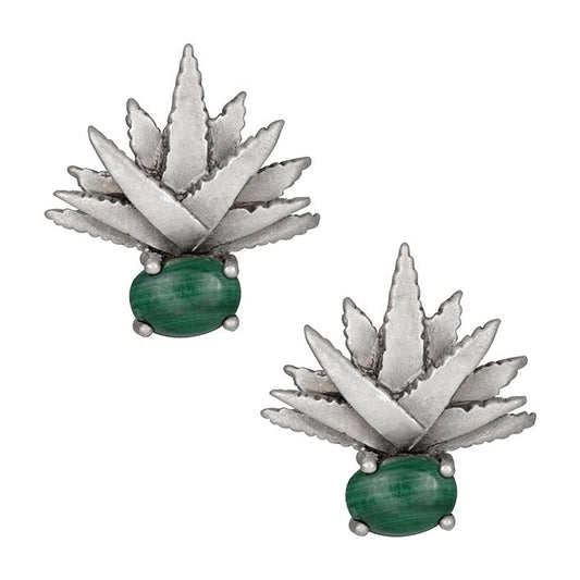 Par de aretes de plata 925 agave malaquita color verde. Aretes de diseño original en plata 925 con terminado antiguo, hecho en méxico, 100% artesanal de Eva Carrillo Joyas